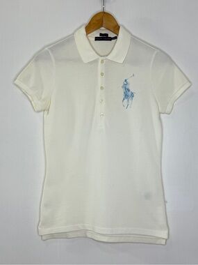 Polo Ralph Lauren Big Pony Short Sleeve Collar Shirt Womens Medium White Blue